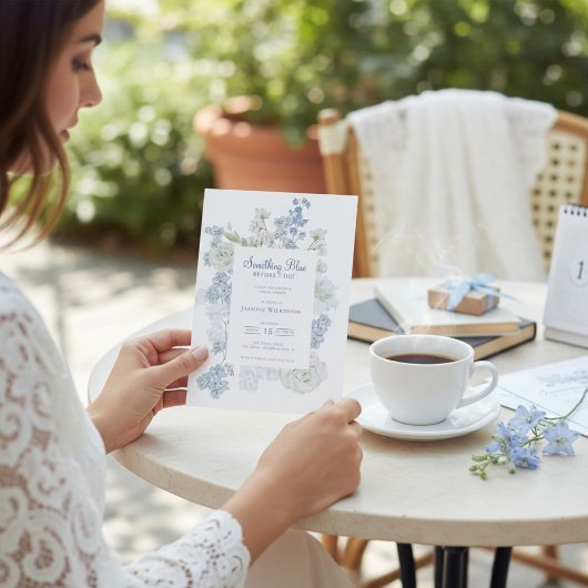 QR-code Blauwe Bloemen "Something Blue" Bruidsfees Kaart