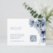 QR-code | Blauwe bloemige bruiloft Informatiekaartje (Staand voorkant)