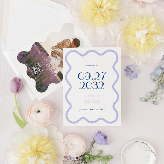 QR Code Blauwe Lavendel Wave Scallop Foto Bruiloft Save The Date