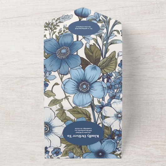 QR Code Blauwe Periwinkle Wildflower Bruiloft All In One Uitnodiging (Buitenkant)