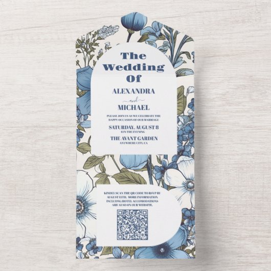 QR Code Blauwe Periwinkle Wildflower Bruiloft All In One Uitnodiging (Binnen)