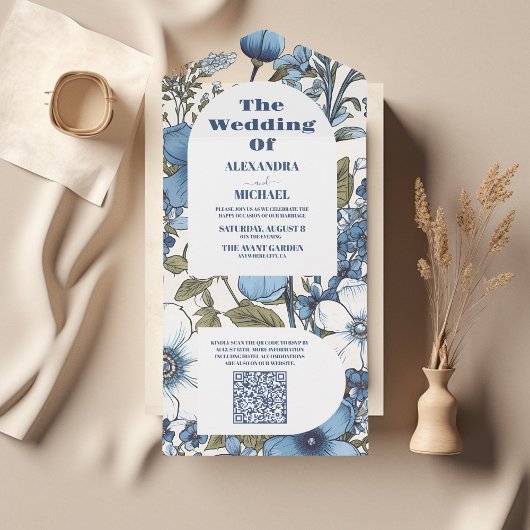 QR Code Blauwe Periwinkle Wildflower Bruiloft All In One Uitnodiging