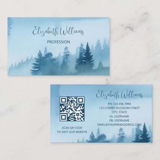 QR-code Blauwe Waterverf Dennenbos Visitekaartje (Voorkant / Achterkant)