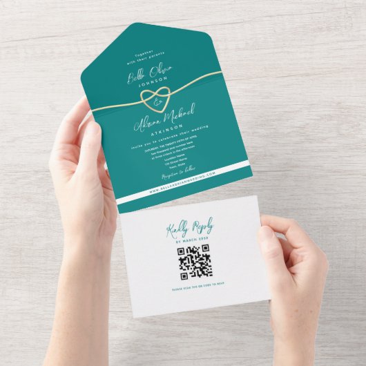 QR Code Blauwgroen Gold Heart Wedding All In One Uitnodiging (Afscheurbaar)
