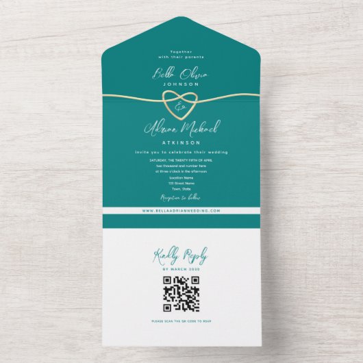 QR Code Blauwgroen Gold Heart Wedding All In One Uitnodiging (Binnen)