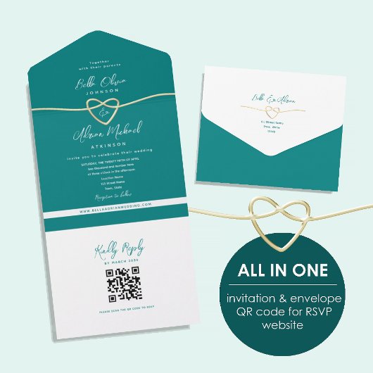 QR Code Blauwgroen Gold Heart Wedding All In One Uitnodiging