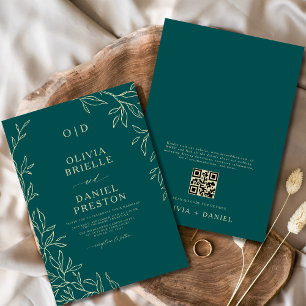 QR Code Blauwgroen Groen & Goud Minimal Leaf Weddi Kaart