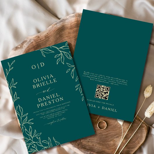 QR Code Blauwgroen Groen & Goud Minimal Leaf Weddi Kaart