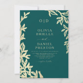 QR Code Blauwgroen Groen & Goud Minimal Leaf Weddi Kaart (Voorkant)