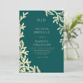 QR Code Blauwgroen Groen & Goud Minimal Leaf Weddi Kaart (Staand voorkant)