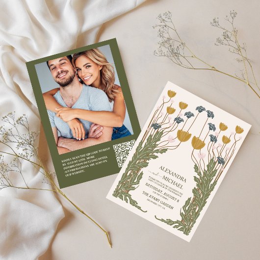 QR Code  Bloemen Art Nouveau Bruiloft Kaart