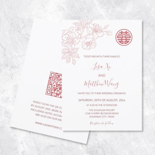 QR-code | Bloemrijk Roze Chinees-Amerikaanse Trouw Kaart