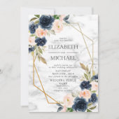 QR Code Blue Blush Marble Geometric Floral Wedding Kaart (Voorkant)