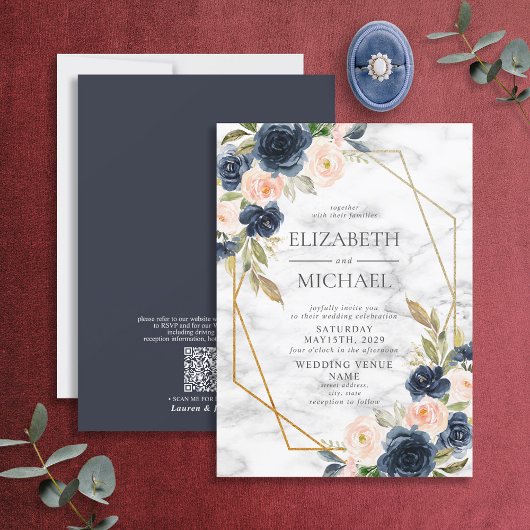 QR Code Blue Blush Marble Geometric Floral Wedding Kaart