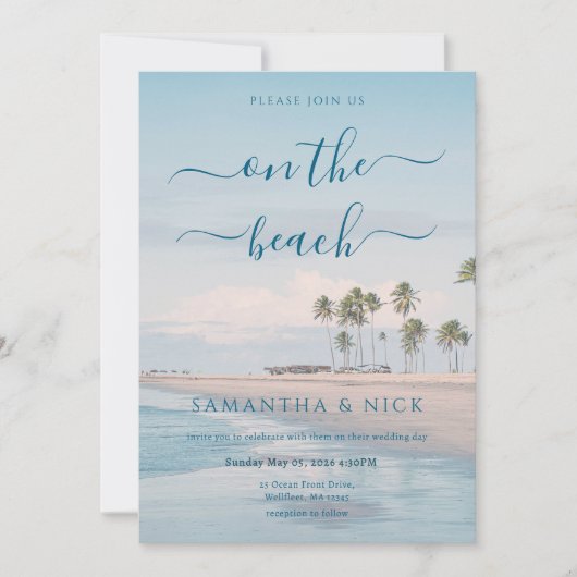 QR Code Blue Ocean Palm Tree Beach Wedding Kaart (Voorkant)