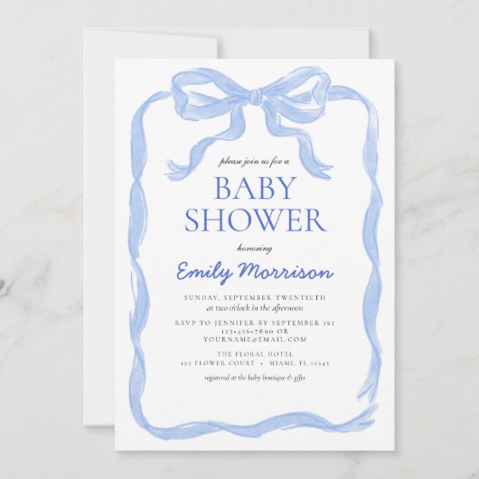 QR Code Blue Ribbon Waterverf Bow Boy Baby shower Kaart (Voorkant)