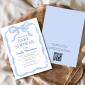 QR Code Blue Ribbon Waterverf Bow Boy Baby shower Kaart