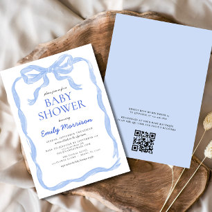 QR Code Blue Ribbon Waterverf Bow Boy Baby shower Kaart