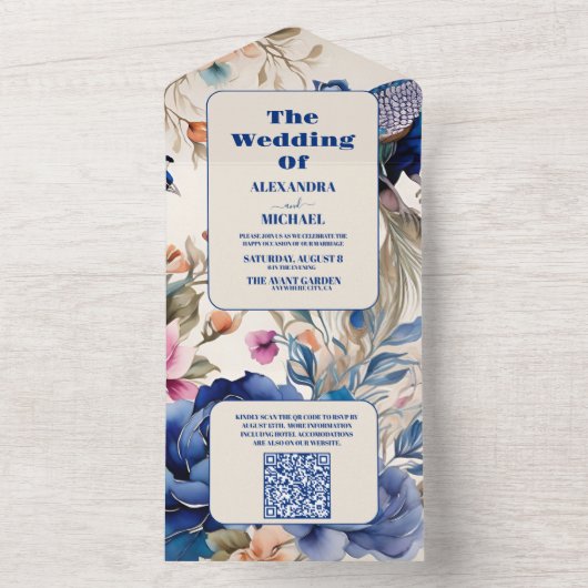 QR Code Blush Bloemen Peacock Chinoiserie Bruiloft All In One Uitnodiging (Binnen)