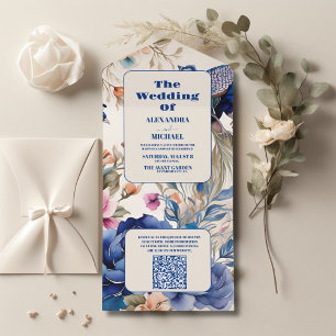 QR Code Blush Bloemen Peacock Chinoiserie Bruiloft All In One Uitnodiging