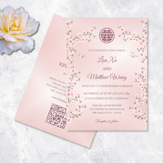 QR Code Blush Blush Roze Bloem Chinese Bruiloft Kaart