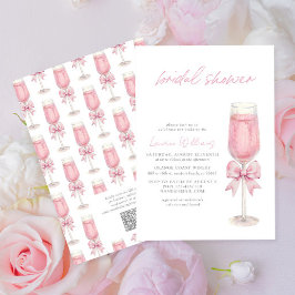 QR Code Blush Pink Bow Champagne Bridal Shower Kaart
