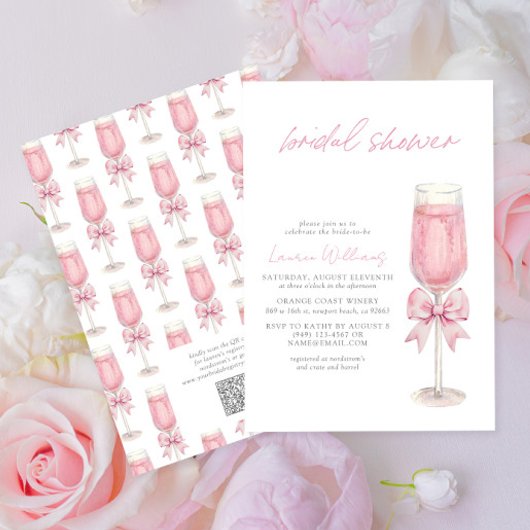 QR Code Blush Pink Bow Champagne Bridal Shower Kaart