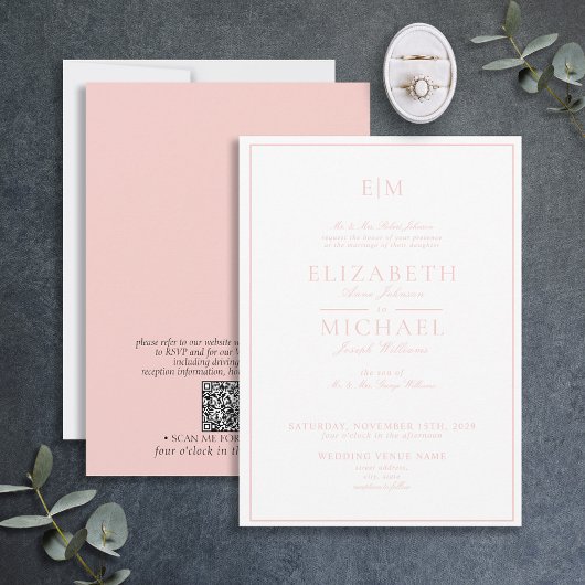 QR Code Blush Pink Classic Monogram Weddenschap Kaart