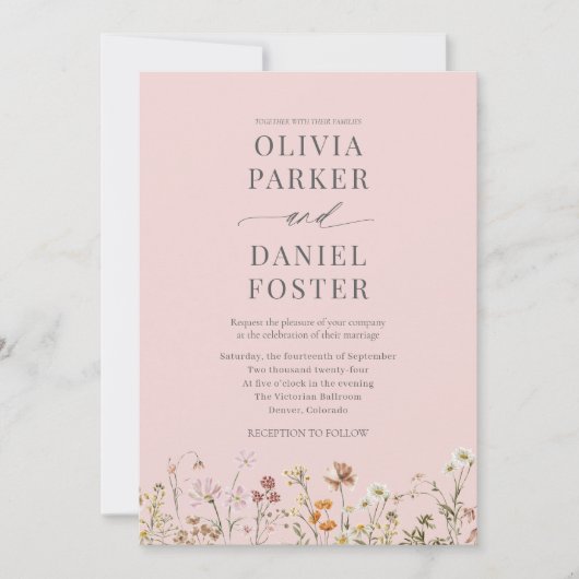 QR Code Blush Pink Photo Wildflower Wedding  Kaart (Voorkant)
