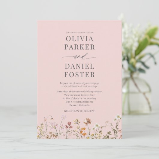 QR Code Blush Pink Photo Wildflower Wedding  Kaart (Staand voorkant)
