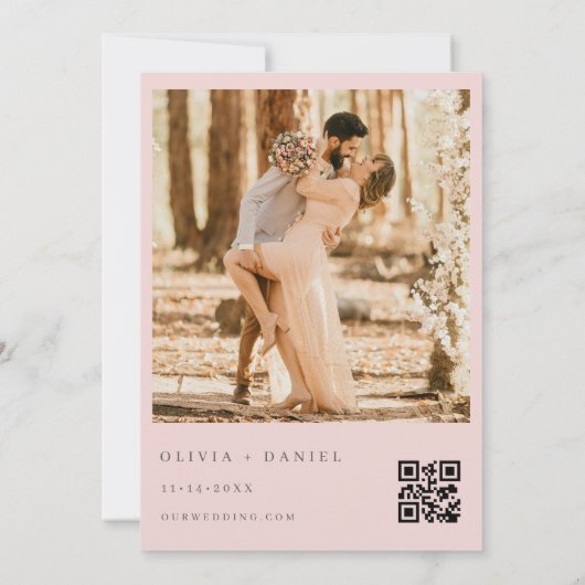 QR Code Blush Pink Photo Wildflower Wedding  Kaart (Achterkant)