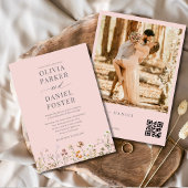 QR Code Blush Pink Photo Wildflower Wedding  Kaart