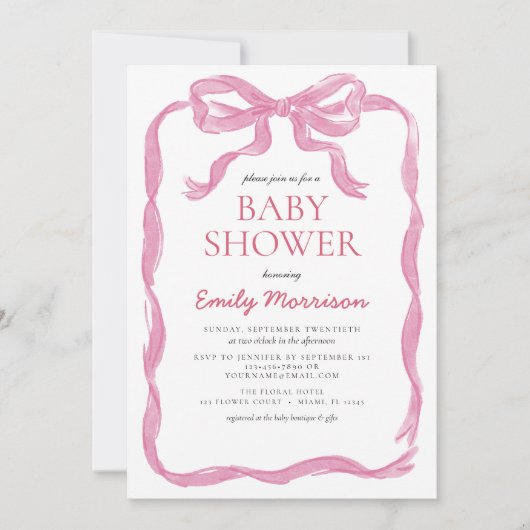 QR Code Blush Pink Ribbon Bow Girl Baby shower Kaart (Voorkant)