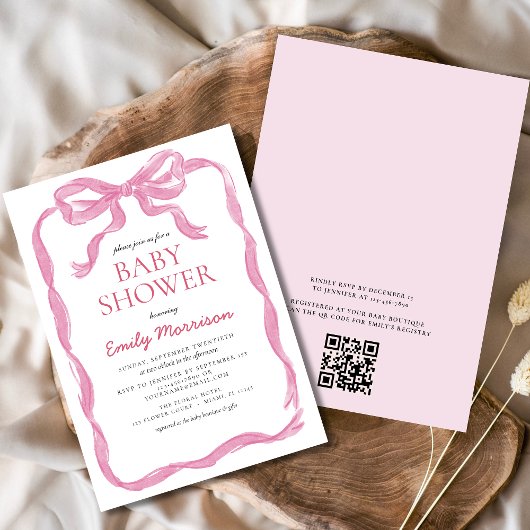 QR Code Blush Pink Ribbon Bow Girl Baby shower Kaart