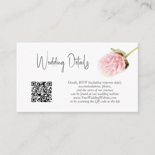 QR Code Blush Pink White Floral Weddenschap Detail Informatiekaartje (Voorkant)