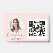 QR Code Blush Roze Foto Zakelijke Kaart Badge (Voorzijde)