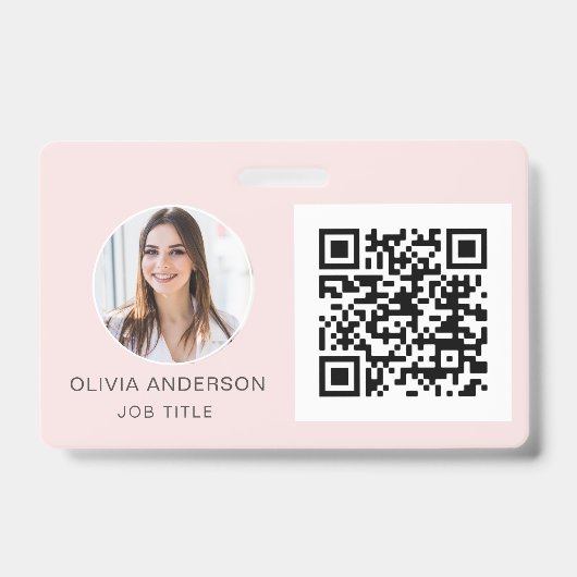 QR Code Blush Roze Foto Zakelijke Kaart Badge (Voorzijde)