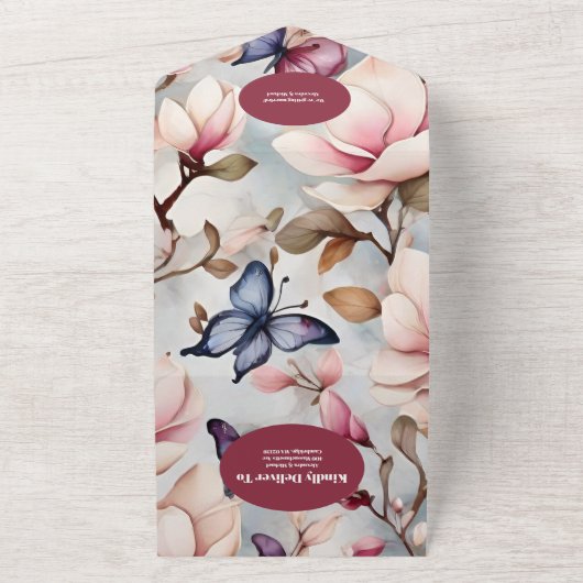 QR Code Blush Roze Magnolia Bloemen Bruiloft All In One Uitnodiging (Buitenkant)