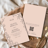 QR Code Blush Roze Minimal Leaf Wedding Kaart
