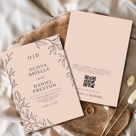 QR Code Blush Roze Minimal Leaf Wedding Kaart
