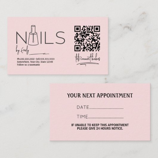 QR Code Blush Roze nagelsalon Manicurist Afsprakenkaartje (Voorkant / Achterkant)
