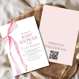 QR Code Blush Roze Waterverf Bow Baby shower Kaart