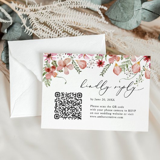 QR code Blush roze Waterverf Floral Weddenschap RS RSVP Kaartje