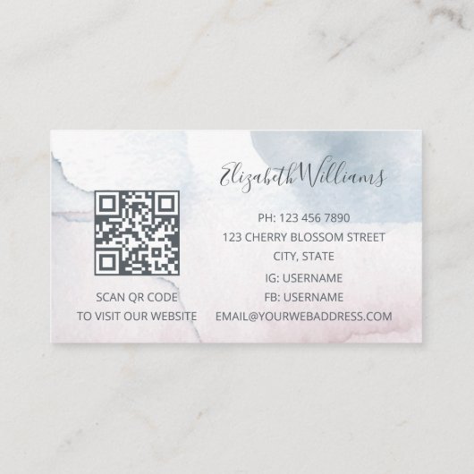 QR Code Blush Stapel Blauwe Waterverf Achtergrond Visitekaartje (Achterkant)