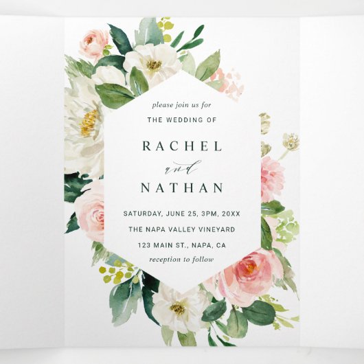 QR Code Blush Wit Bloom Bloemen Bruiloft Drieluik Uitnodiging (Binnenkant midden)