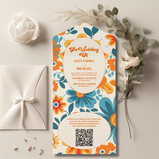 QR Code Boheem Retro Casual Huwelijk All In One Uitnodiging