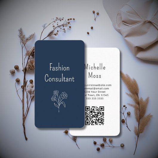 QR code Boho Bloem Illustratie Eenvoudig Navy Blau Visitekaartje