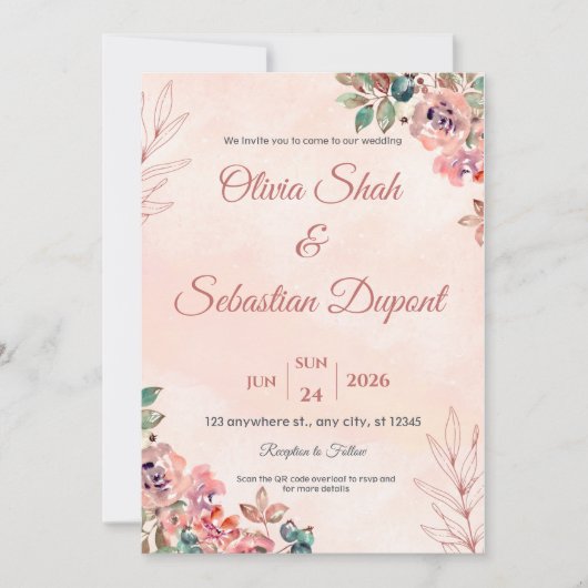 QR Code Boho Bloemen Bruiloft Uitnodiging (Voorkant)