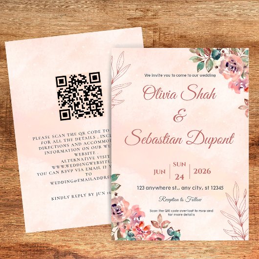 QR Code Boho Bloemen Bruiloft Uitnodiging