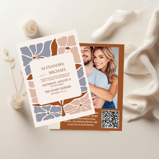 QR Code Boho Chic Retro Bloemige Trouwdag Kaart